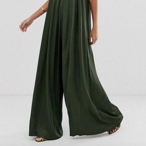 ASOS Satin Pleat Jumpsuit Olive Green